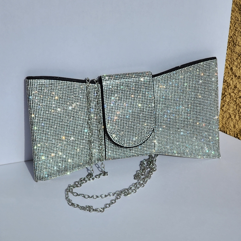 Women's Stylish Silver Rhinestone Bowtie Shape Clutch Crossbody Handbag … - Picture 9 of 10
